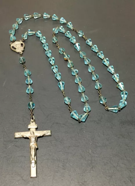 Rosary Crucifix Silvertone Cross “INRI” Blue Rosary Chain Necklace