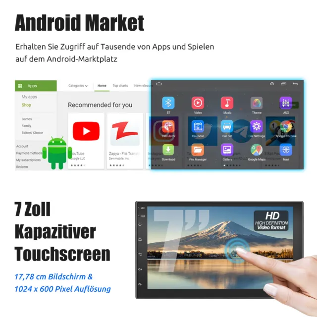 DAB+ 7" Android 13 Carplay Autoradio Bluetooth GPS 2DIN 2+32G Rückfahrkamera MIK 3