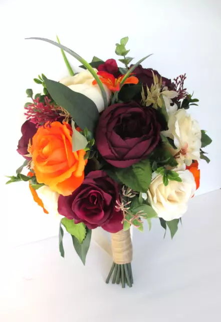 WEDDING 2 PC bridal bouquet ivory or white pink roses burgundy silver &  bout $44.95 - PicClick