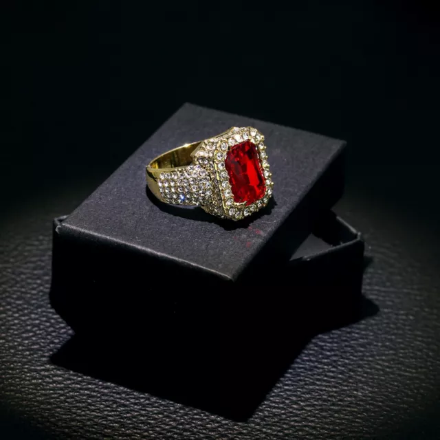 Red Pinky Ring Iced Cubic Zirconia 18k Gold Plated Hip Hop Fashion Jewelry