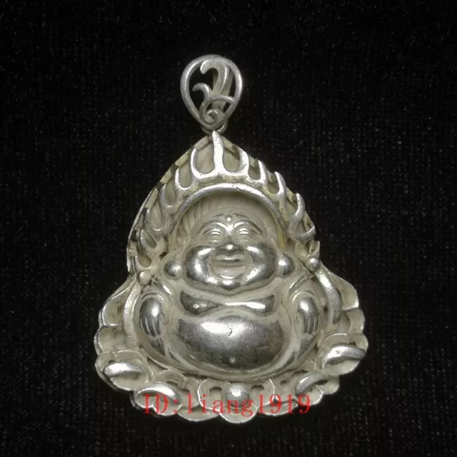 Old Collection China Tibet Silver Carving Happy Maitreya Buddha Statue Pendant