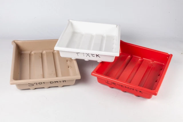 Platos de desarrollo Paterson de 10 x 8 pulgadas - conjunto de 3, codificados por colores. Buen estado