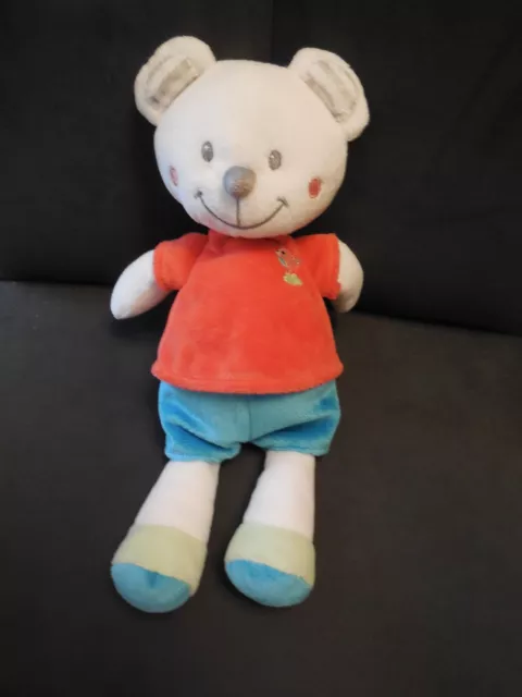 doudou peluche ours blanc pull rouge short bleu brodé oiseau NICOTOY 26cm