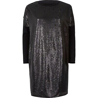 EX Store Donna Nero Paillettes Oversize T-Shirt Dress Size 10 12 14 16 18