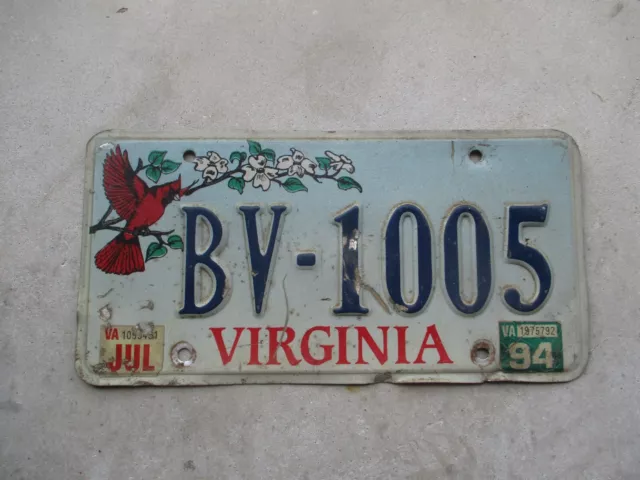 Virginia 1994 Cardinal  license plate  #  BV - 1005