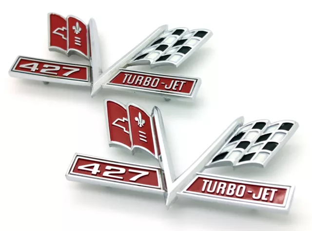 NEW 66-67 427 Turbo-Jet V Cross-Flag Front Fender Emblem PAIR / USA-MADE Badge