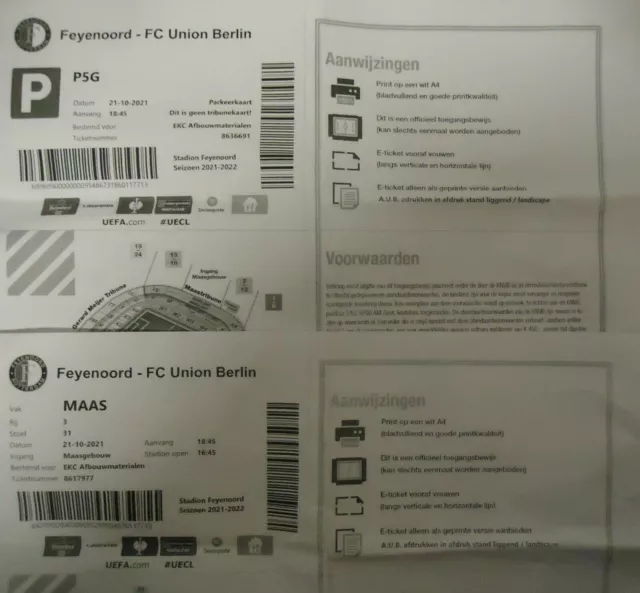 Print TICKET & Parking Europa Conference League 2021/22 Feyenoord Union Berlin