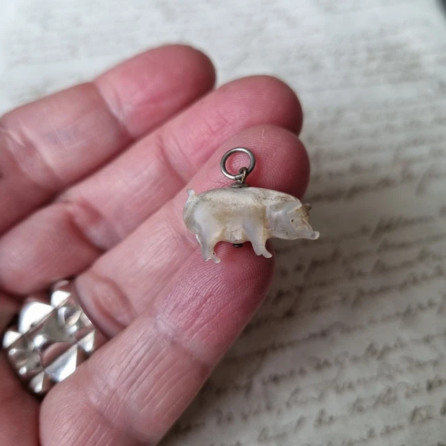 Breloque Ancienne Éléphant En Nacre Sculptée - Bélière Argent 925, 24x16mm