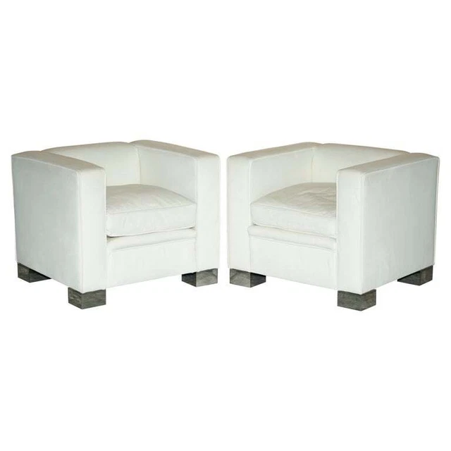 Pair Of Rrp £15,500 Viscount David Linley Ivory White Leather Max Club Armchairs