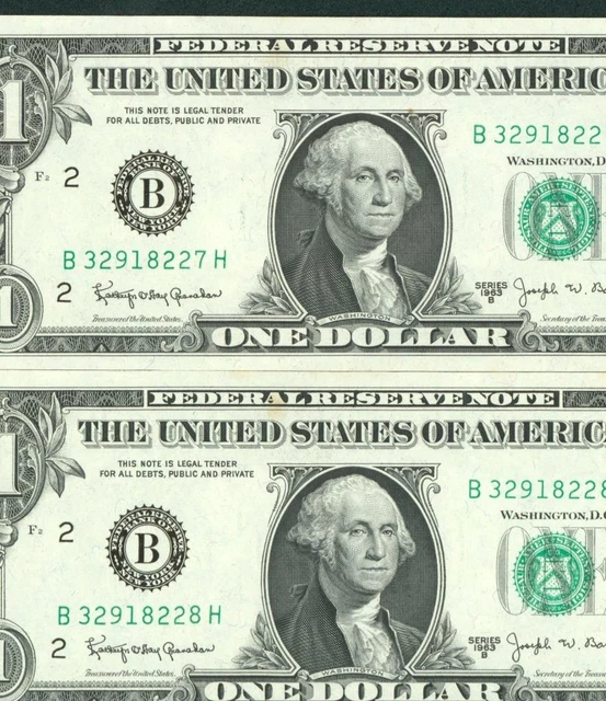 ((TWO CONSECUTIVE)) $1 1963 B ((CHOICE CU)) (JOSEPH BARR) Federal Reserve Note