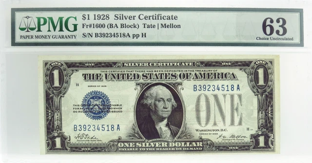 Series Of 1928 $1 Silver Certificate Funny Back Fr#1600 BA Block PMG Ch UNC 63
