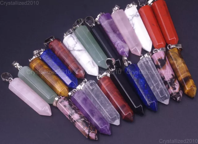 Natural Gemstone Hexagonal Pointed Reiki Chakra Healing Pendant Beads 8mm x 33mm