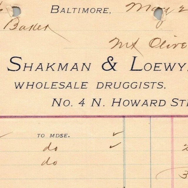1898 Letterhead Billhead - Shakman & Loewy Druggists Baltimore - Ephraim Baker*