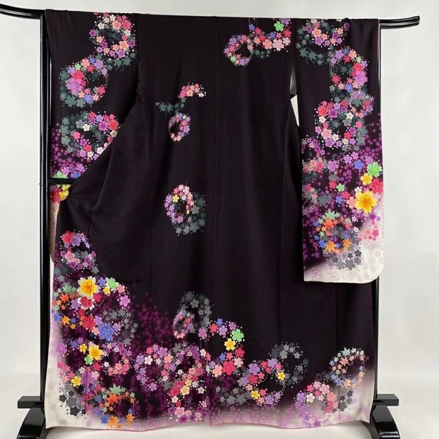 Woman Japanese Kimono Furisode Silk CherryBlossoms Plum Foil Gold Foil DarkPurpl