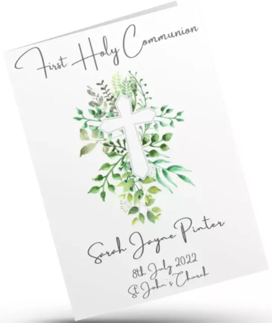 Personalised First Holy Communion Card, Cross With Green Leaves - Boy Or Girl