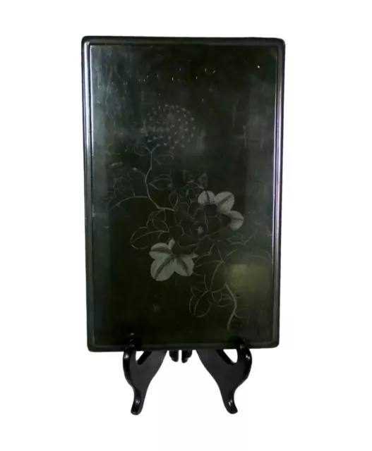 Antique Carved Incised Green Lacquer Document Box W/Chrysanthemum Marked Burmese