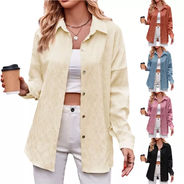 Women Baggy 3D Bubble Grid Button Up V Neck Ladies Long Sleeve Blouse Tops Shirt 3