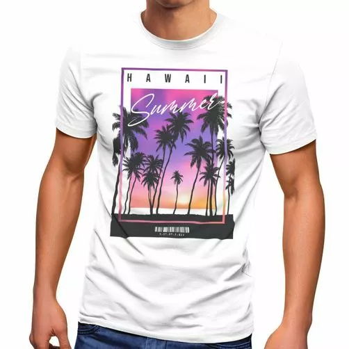 Herren T-Shirt Hawaii Summer Schriftzug Palmen Foto-Print Sommer Surfing