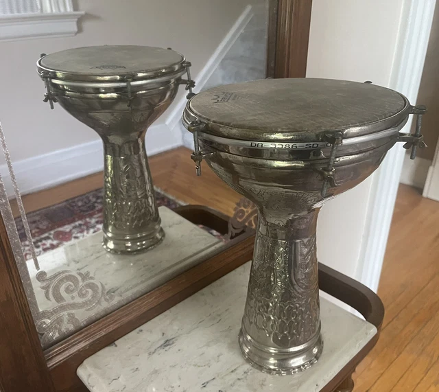 Middle Eastern Nickel Plated Brass Darbuka Doumbek Drum 9” x 13.25”