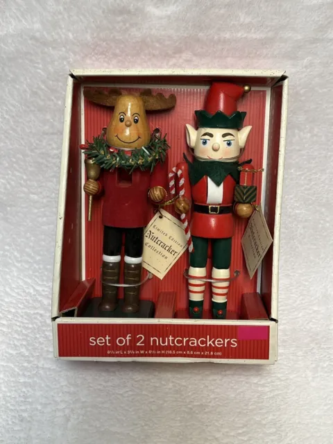 Set of 2 Reindeer & Santa’s Elf Nutcrackers 8.5" Wood Christmas Holiday New Box