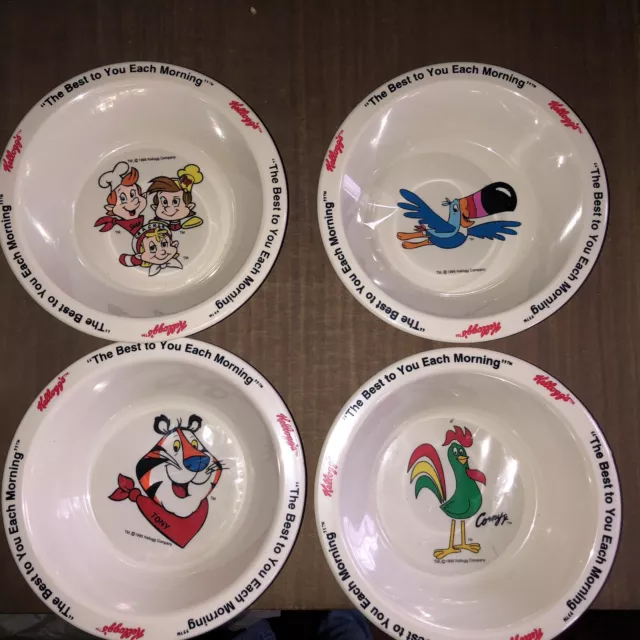 Set of 4 1995 KELLOGGS CEREAL BOWLS~TONY, CORNY, TOUCAN SAM & RICE CRISP~N.O.S