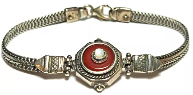 Vintage Sterling Silver Carnelian Mabe Pearl Ornate Bali Bracelet