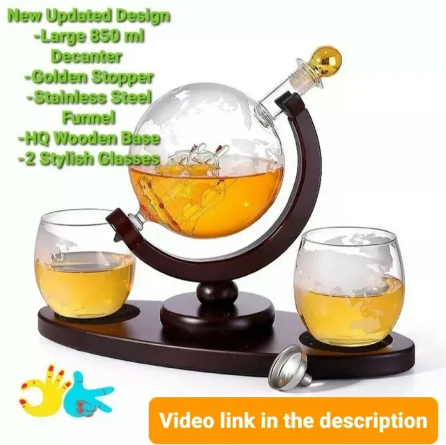 Luxury Whiskey Wine Vodka Decanter Glass Globe Set+2 Whiskey Glasses&Stand-850ML