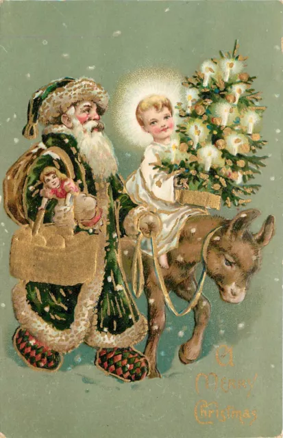 Embossed Postcard Green Robe Santa Claus Merry Christmas Child on Donkey w/ Tree
