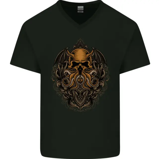 T-shirt da uomo collo a V in cotone Cthulhu Octopus Kraken Devil Skull Demon
