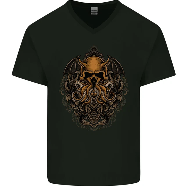 T-shirt da uomo collo a V in cotone Cthulhu Octopus Kraken Devil Skull Demon