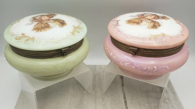 Pair Antique Victorian Enameled White Opaque Bohemian Glass Portrait Dresser Box