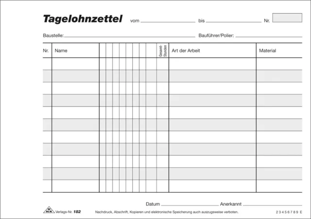 RNK Verlag Vordruck "Tagelohnzettel" Block DIN A5 quer 3 x 40 Blatt