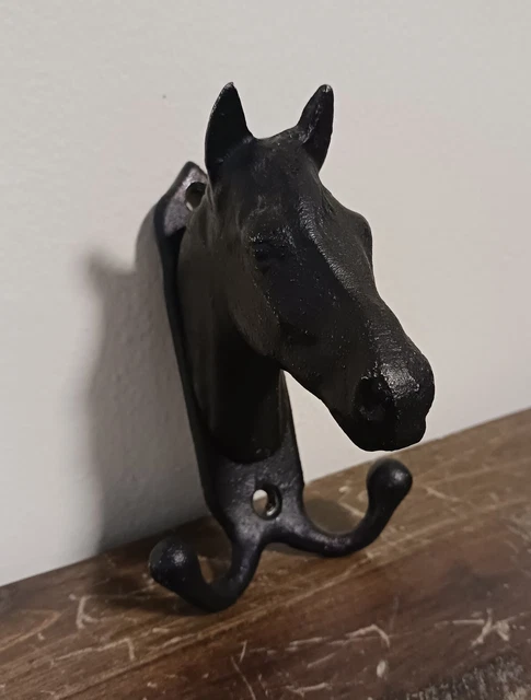 Vintage Cast Iron Horse Head Double Hook Towel Coat Hanger Wall Mount Equestrian