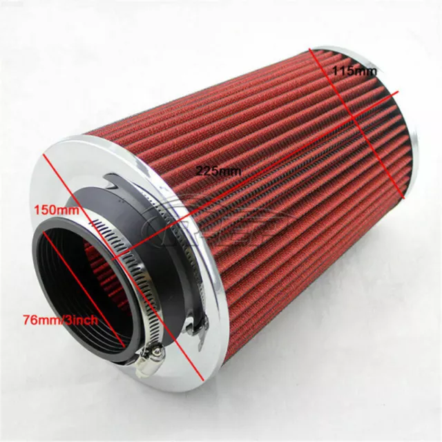 3" Inlet Auto Long Ram Cold Air Intake Filter Cone Filter Red Universal KN Types 3