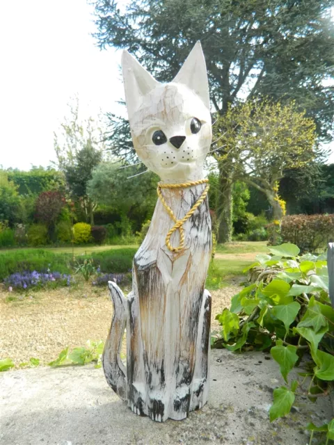 Wooden Cat Carving - Standing Shabby Chic Cat Ornament - Tabby 40cm