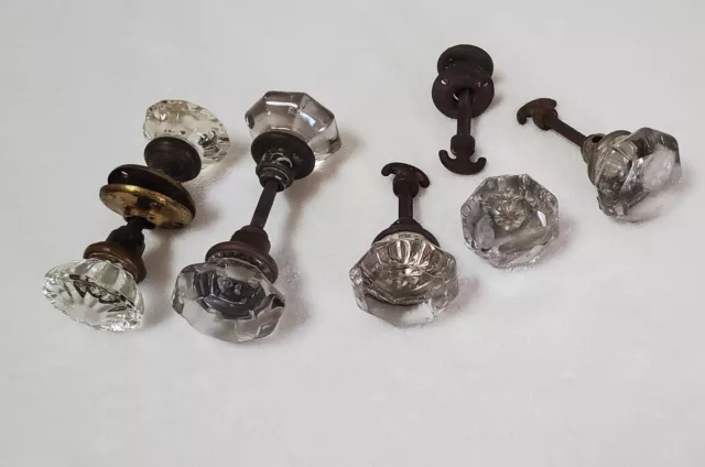 Vintage 8 Point & Others Crystal Glass Door Knobs Pair on shafts