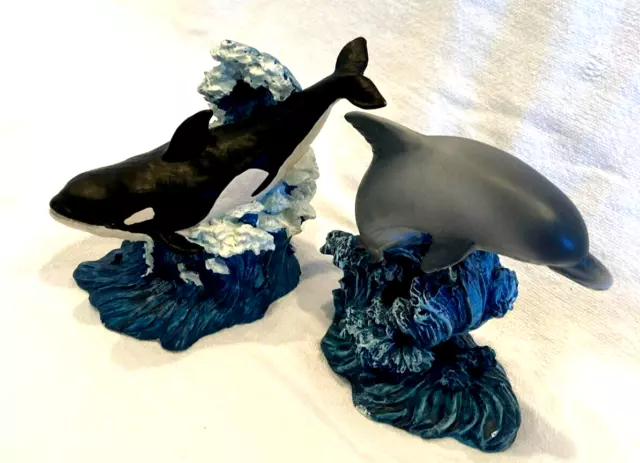 Lot (2) Oceana Vintage Ceramic Figurines Dolphin & Orca On Waves Registered Rare