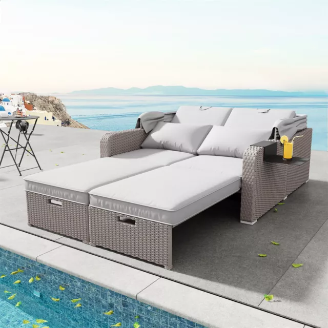 Dach Polyrattan Gartenmöbel Strandkorb Sonnenbett Garten Lounge Set Sofa Bett 3