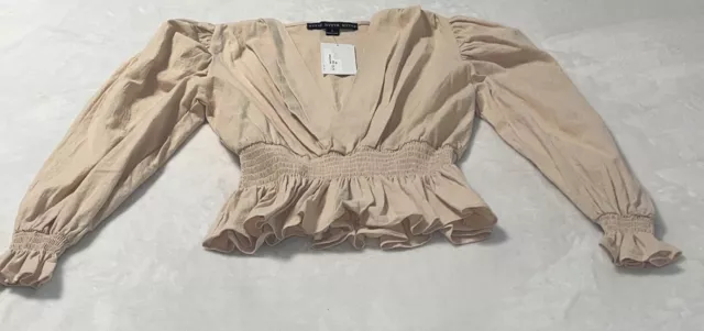 Hyfve Cropped Cream Crossover Boho Kimono Ruffle Sleeves Blouse Sz S 100% Cotton