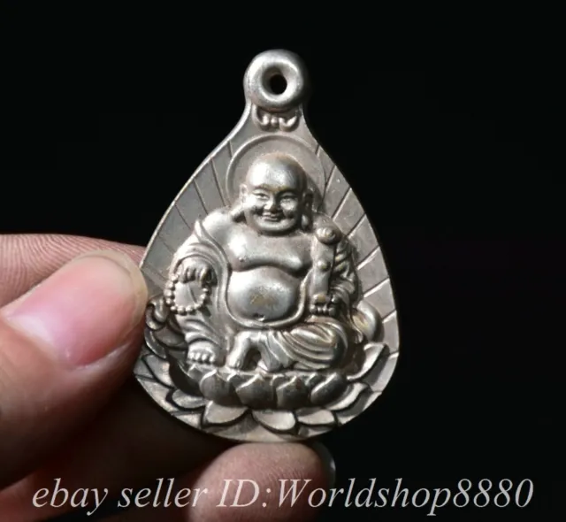 1.8" Old Chinese Silver Fengshui Happy Laugh Maitreya Buddha Pendant Amulet