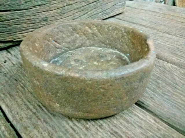 Very Old  Primitive Handmade Stone Bowl Well Used Vintage Years Of Patina