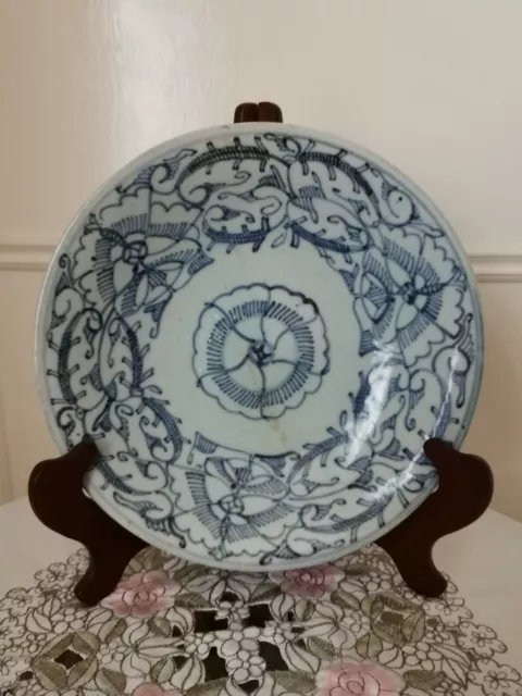 Vintage Chinese blue and duck eggshell green porcelain footed shallow bowl