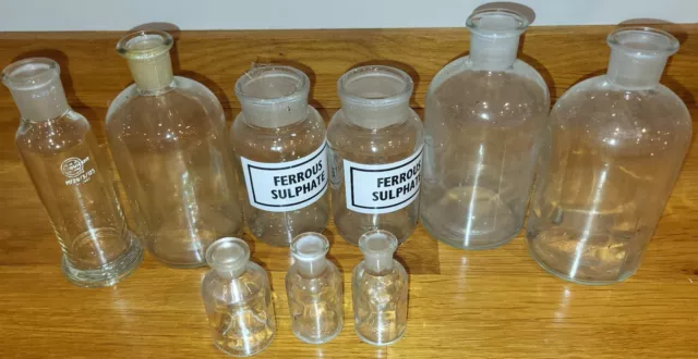 Job lot of mixed vintage chemistry laboratory equipment glass bottles X9
