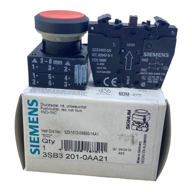 Lot De 10 Boutons Poussoirs Siemens 3SB3 201-0AA21 Rouge 22mm - Neufs, Marche/arrêt