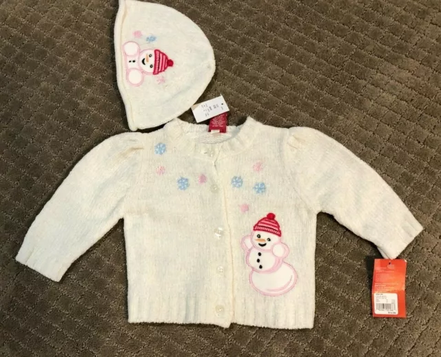 NWT Baby Girls 2 pc. White Sweater & hat with a snowman size 6 months