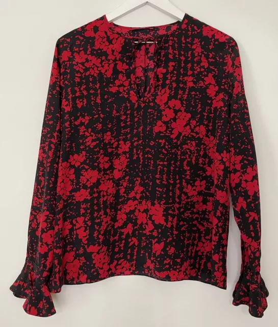 Carolina Herrera Keyhole Front 100% Silk Floral Blouse Top Red & Black Size 10