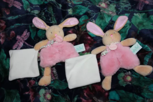 doudou BABYNAT LAPIN ROSE POUPI MOUCHOIR BLANC BN0110  LOT  2 NEUF