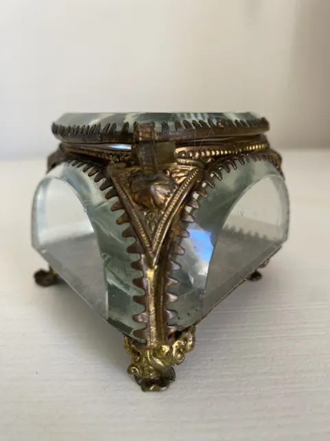 Antique 19th Century French Ormolu Gilt Trinket Casket Thick Bevelled  Glass
