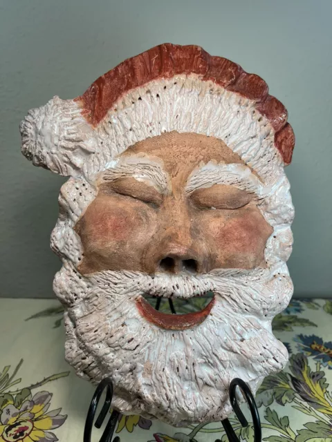 Santa Face Clay Art Wall Hanger Hand Painted Original 10” Tall