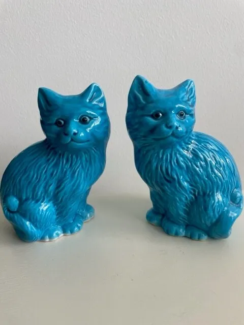 Mid Century Modern Blue Glazed Chinoiserie Cat Pair